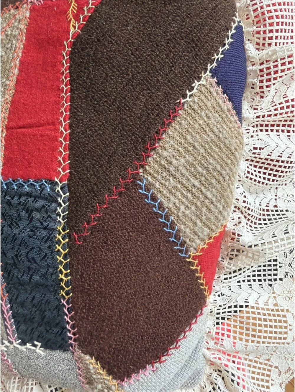Antique 1800s Primitive Salvage Crazy Quilt Pillow Heart Wool Lace Farm Country